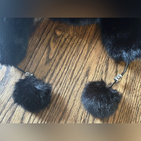 Youth Black Faux Fur Aviator Trapper Hat with Pom Poms Winter Ear Flap Cap - Picture 4 of 5